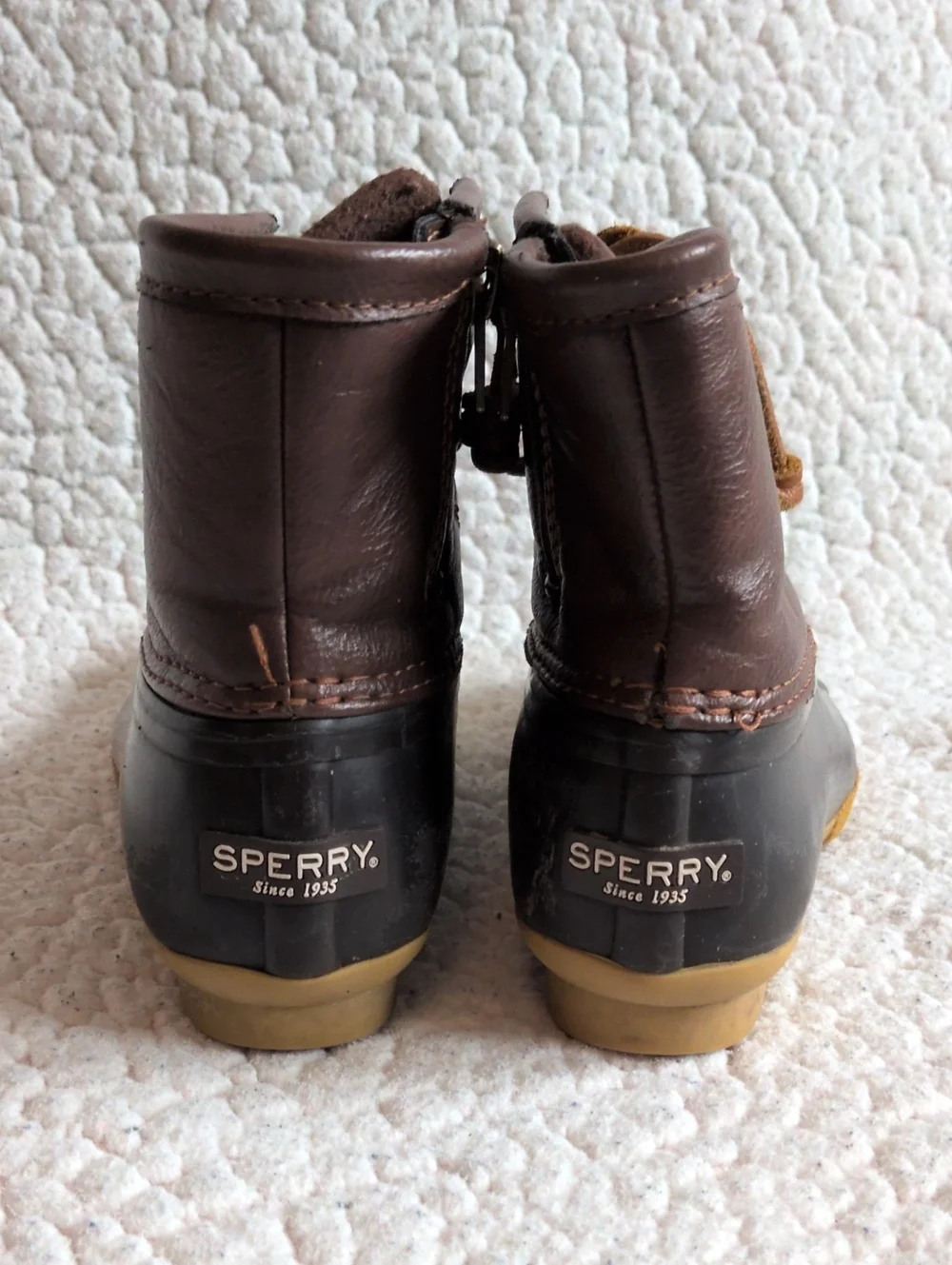 Sperry Kids Saltwater Faux Leather Distressed Brown Black Duck Boots Gorpcore